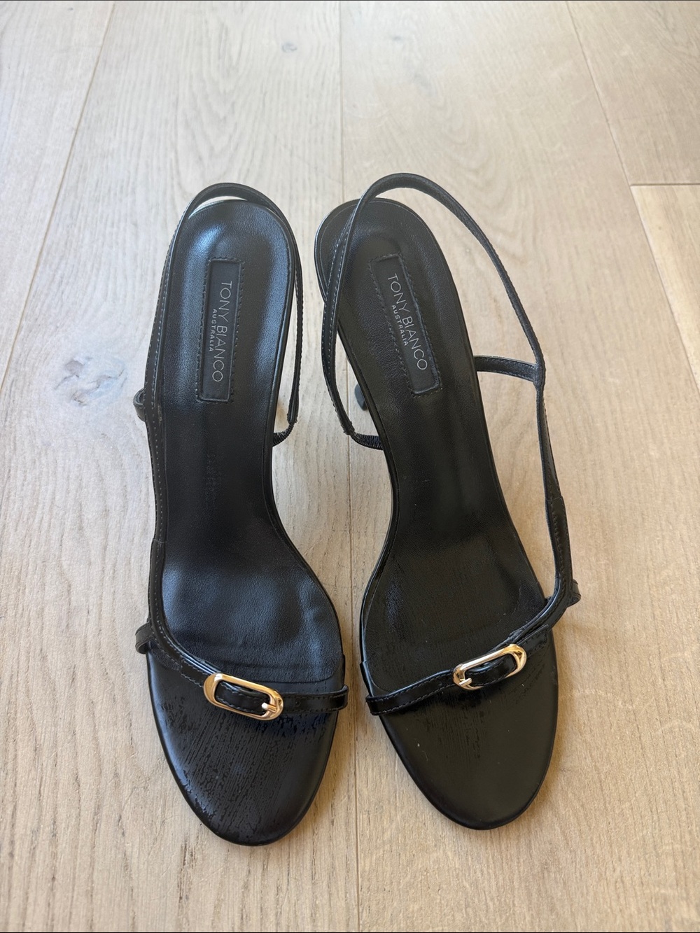 Tony Bianco Black Slingback Sandals with Gold Buckle